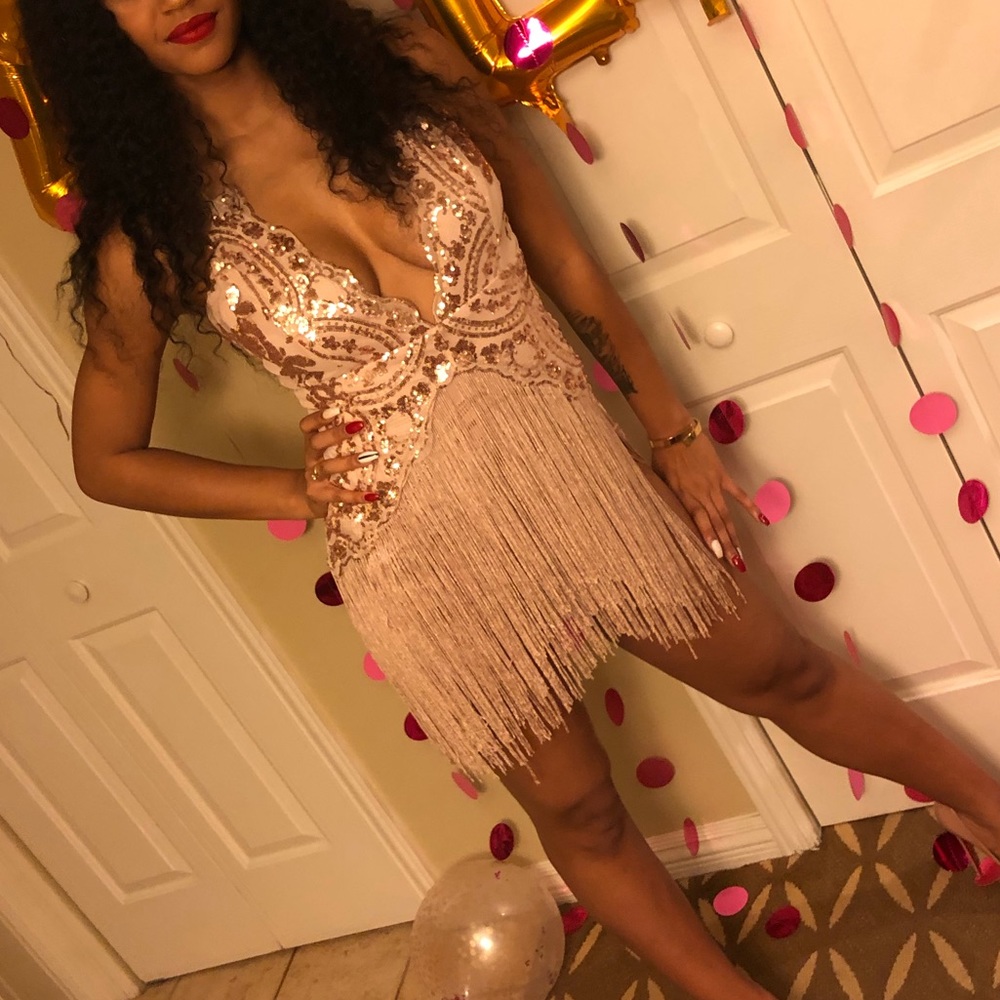 Gold sequin and fringe party dress